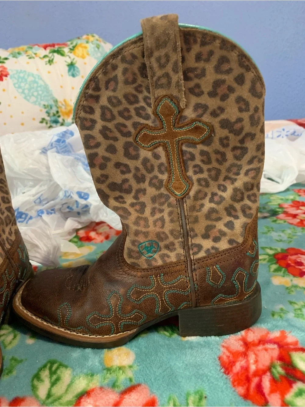 Ariat Crossroads Leather Square Toe Cowgirl Boots Embroidered & Leopard Print - Picture 5 of 12